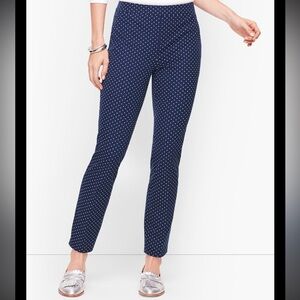 Talbots dress pants navy blue white polka dots Chatham trousers ankle slim 8 new